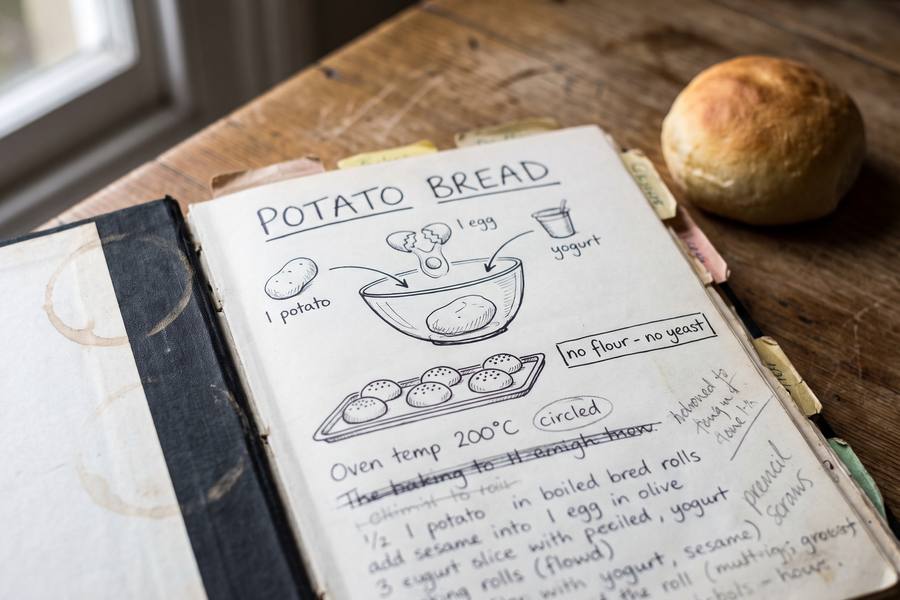 The notebook open on a recipe page headed potato bread: a drawn bowl with a potato and an egg, four bread rolls on a tray, and a boxed note, no flour, no yeast