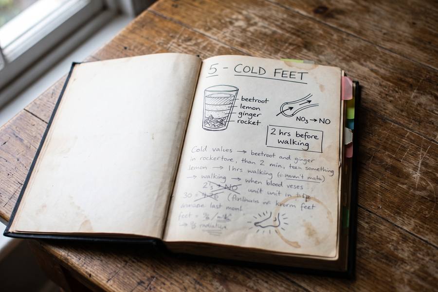 The notebook open on the page for glass five: a drawn glass with beetroot, lemon, ginger and rocket labelled, a sketch of a blood vessel widening, and a boxed note, two hours before walking