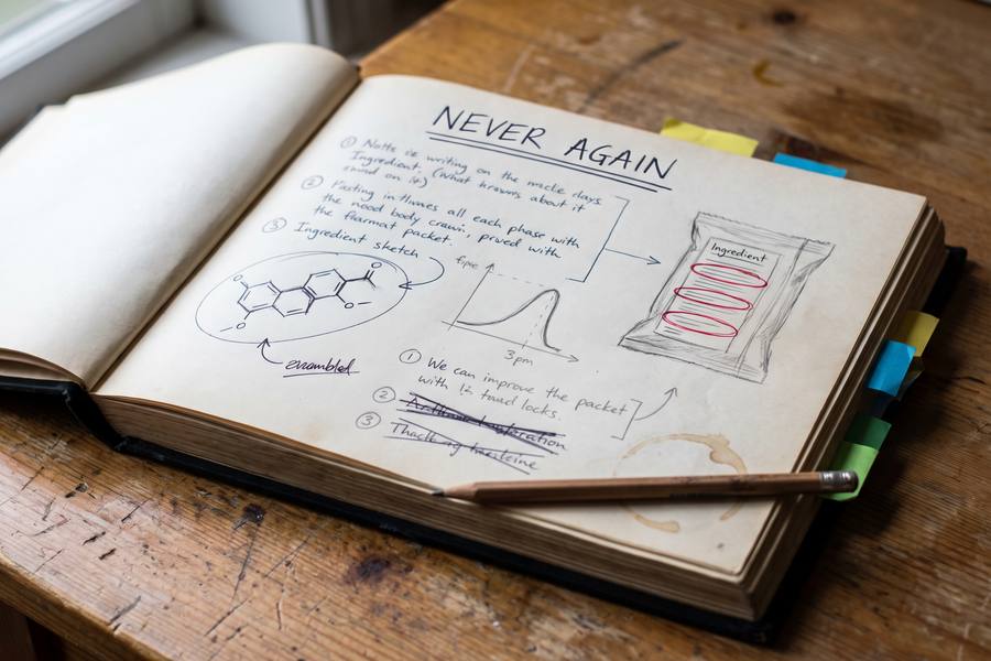 The notebook open on a page headed never again: a drawn molecule, a graph that peaks and crashes at three in the afternoon, and a sketched food packet with three lines of its label circled in red