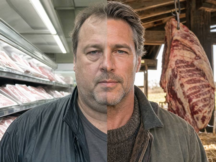 The same man in two halves: on the left in a supermarket meat aisle, heavier and grey; on the right on his farm, a side of beef hanging behind him
